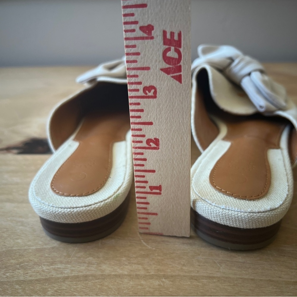 SOLD RILISTA MULES SLIP ON POINTED TOE LARGE BOW LIGHT KHAKI FABRIC UPPER 9 - Picture 9 of 10